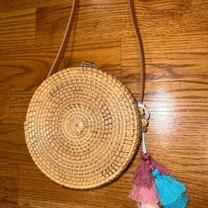 Round Woven Straw Bag with Tassels